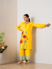 Mustard Poppies field Kurti pant set