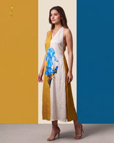 Golden Olive-Cream Colour Block Midi Dress