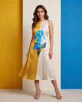 Golden Olive Cream Colour Block Midi Dress