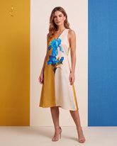 Golden Olive-cream colour Block midi dress