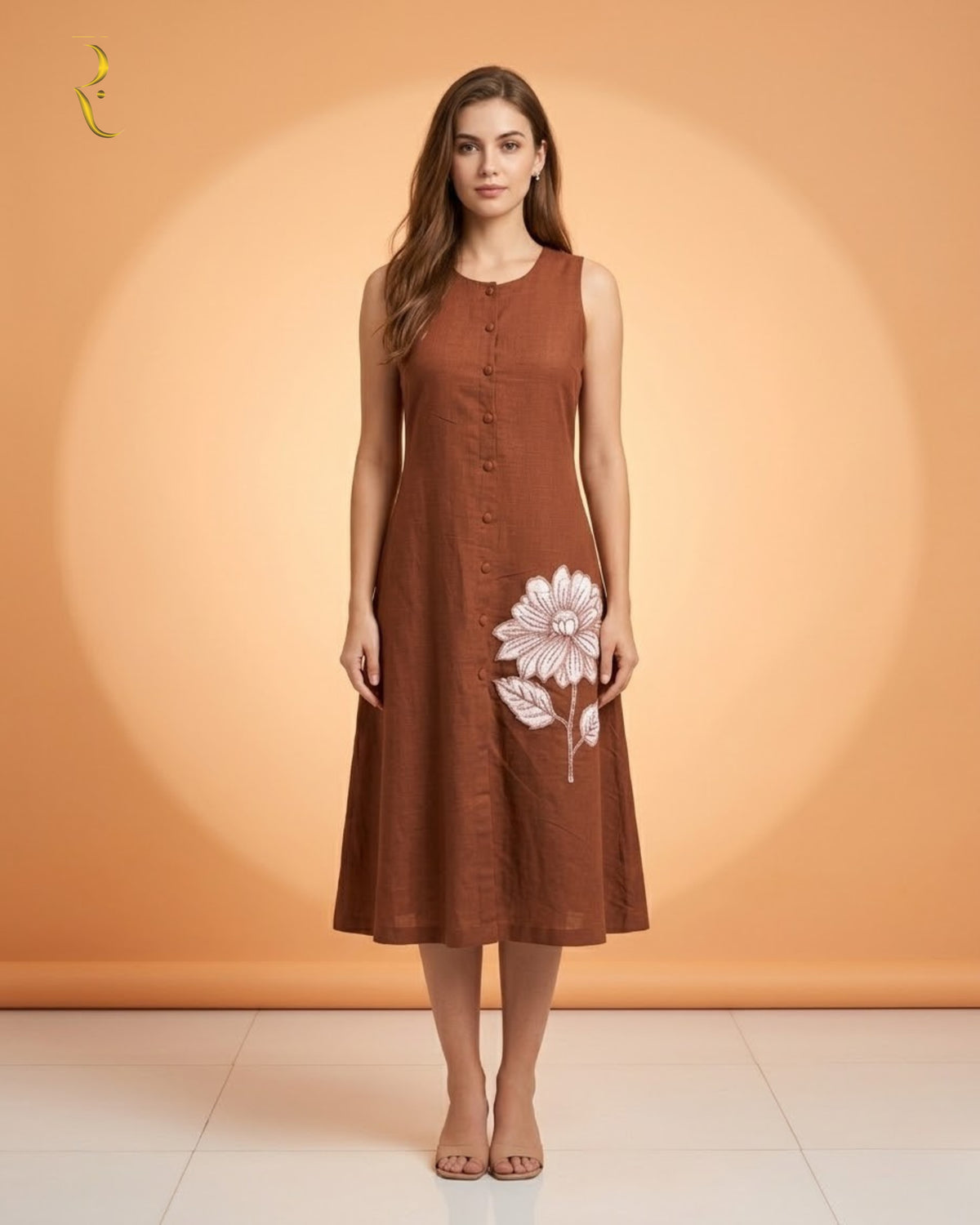 Coffee brown embroidered appliqué  mini dress