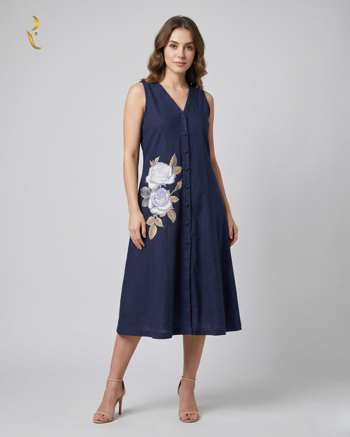 Navy blue embroidered appliqué midi dress