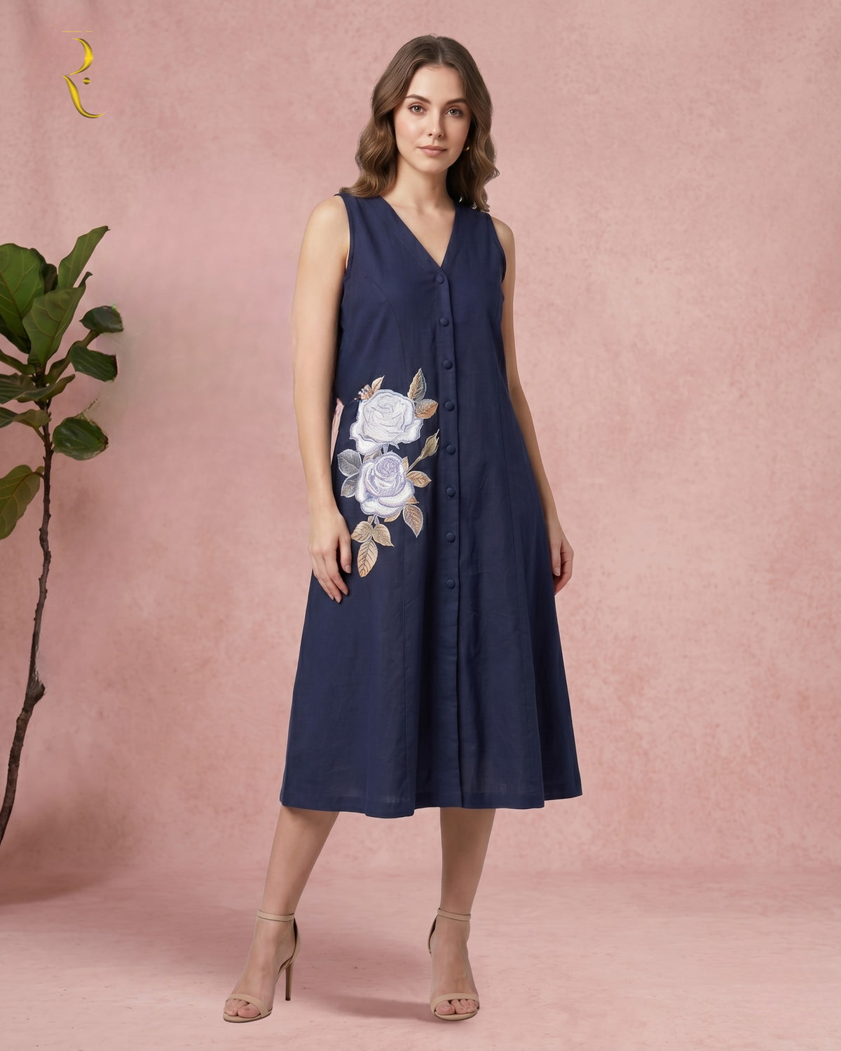 Navy Blue appliqué midi dress