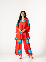 Vibrant Red Co-Ord Kurti Pant Set