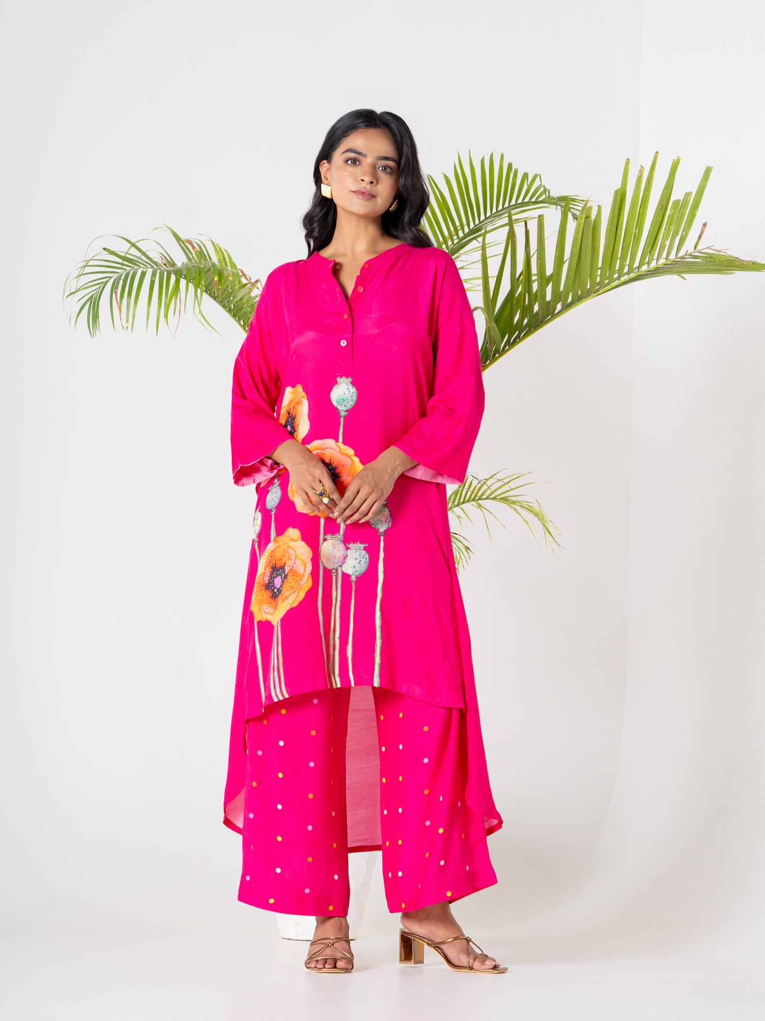 Hot Pink Poppies Field Kurti Pant Set -v2