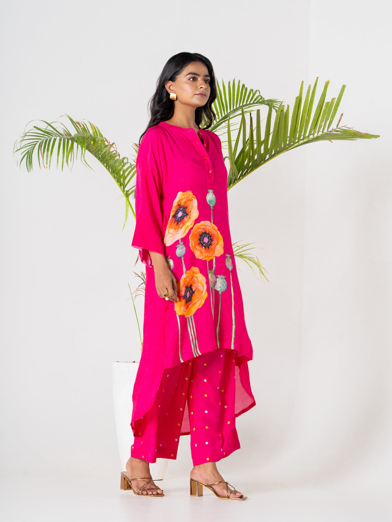 Hot Pink Poppies Field Kurti Pant Set -v2