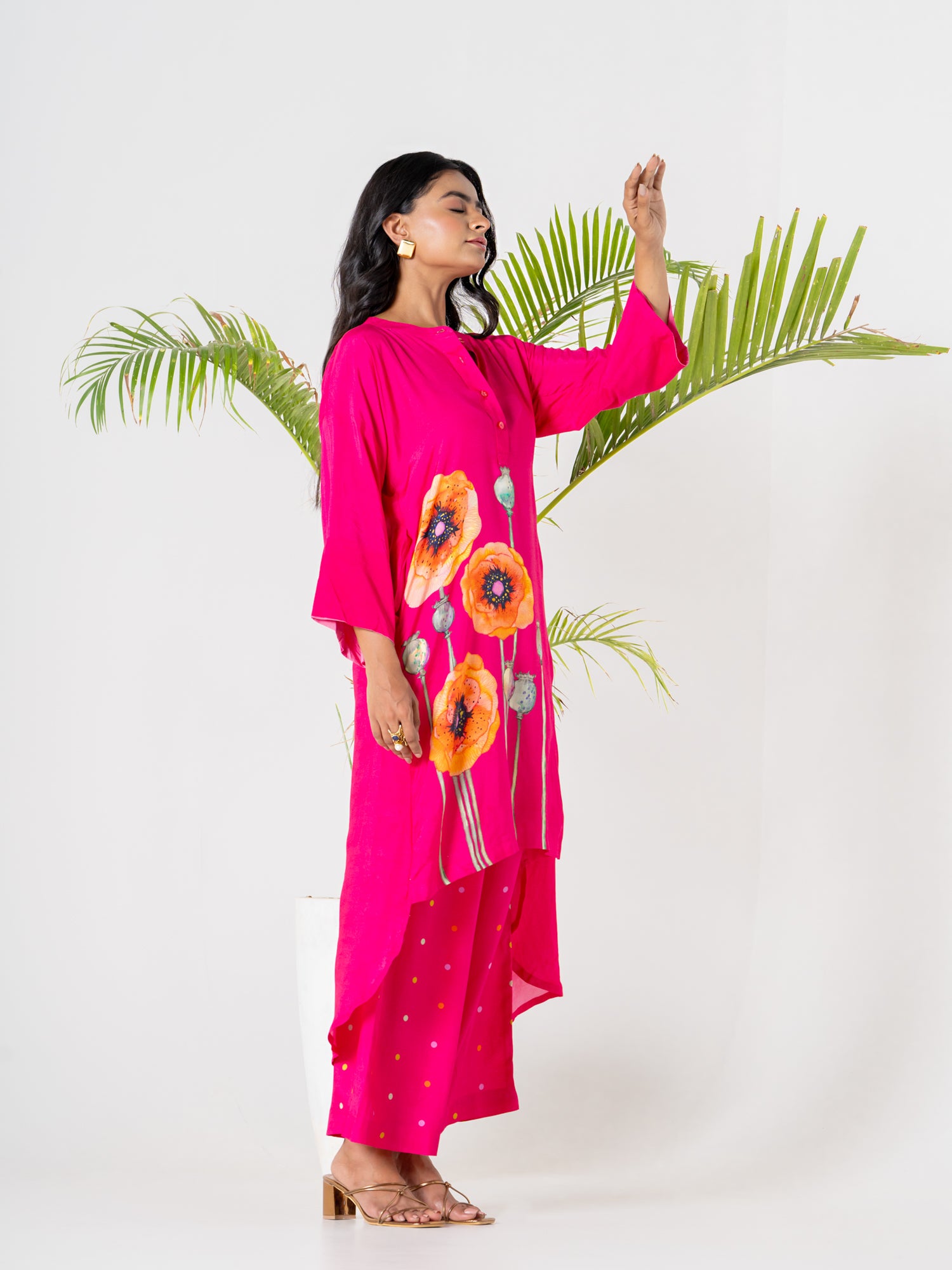 Hot Pink Poppies Field Kurti Pant Set -v2