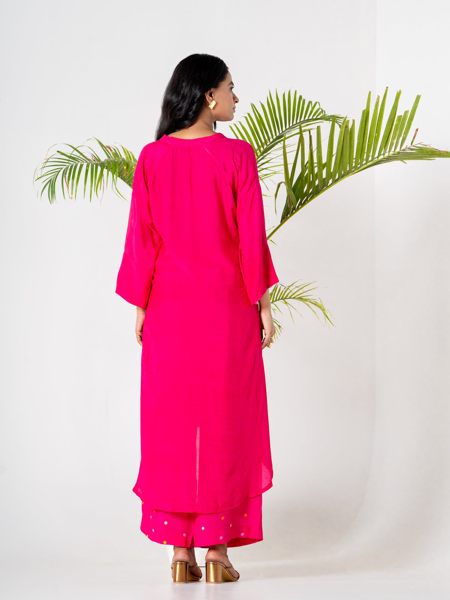 Hot Pink Poppies Field Kurti Pant Set -v2