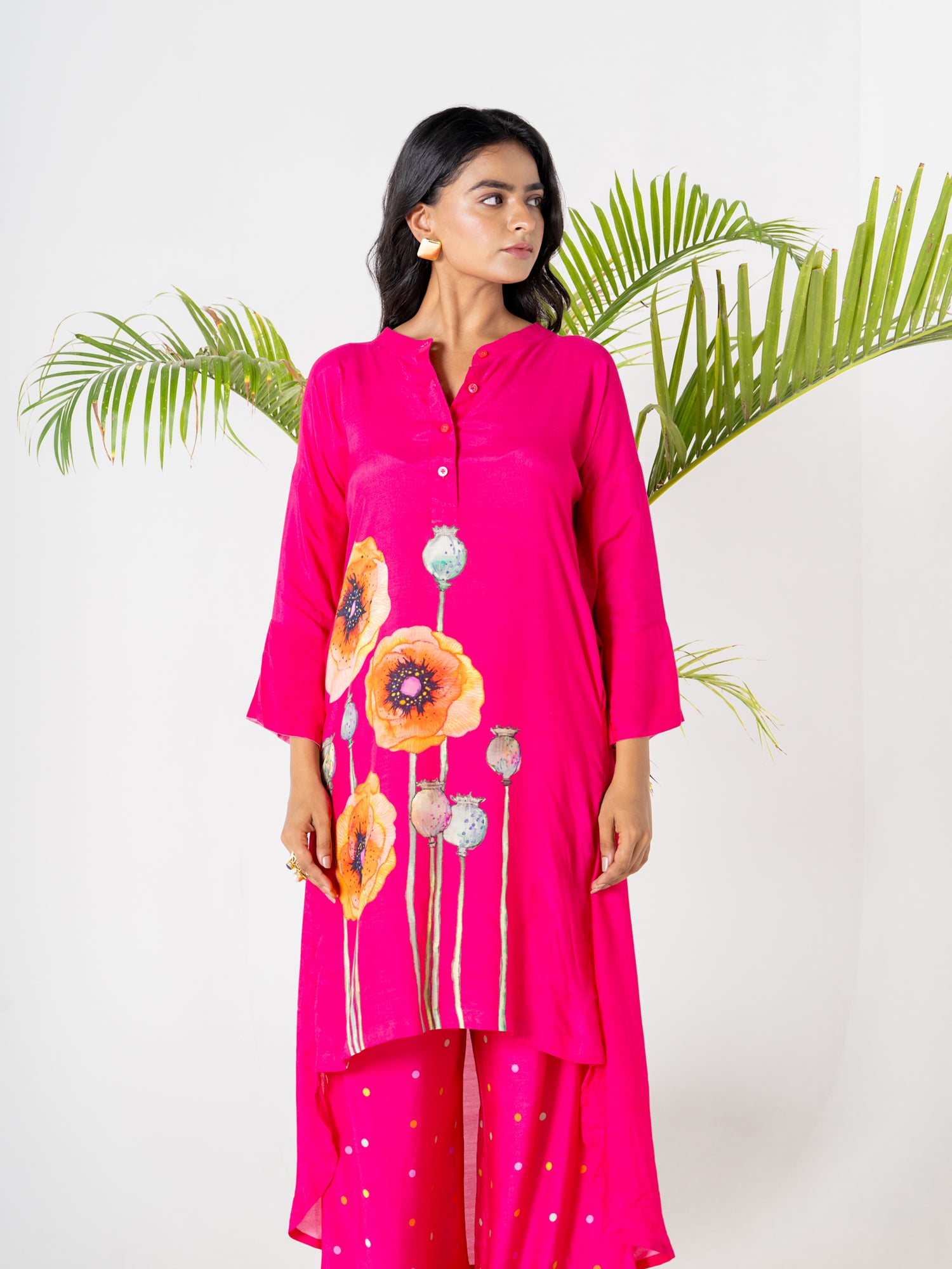 Hot Pink Poppies Field Kurti Pant Set -v2