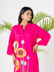 Hot Pink Poppies Field Kurti Pant Set -v2