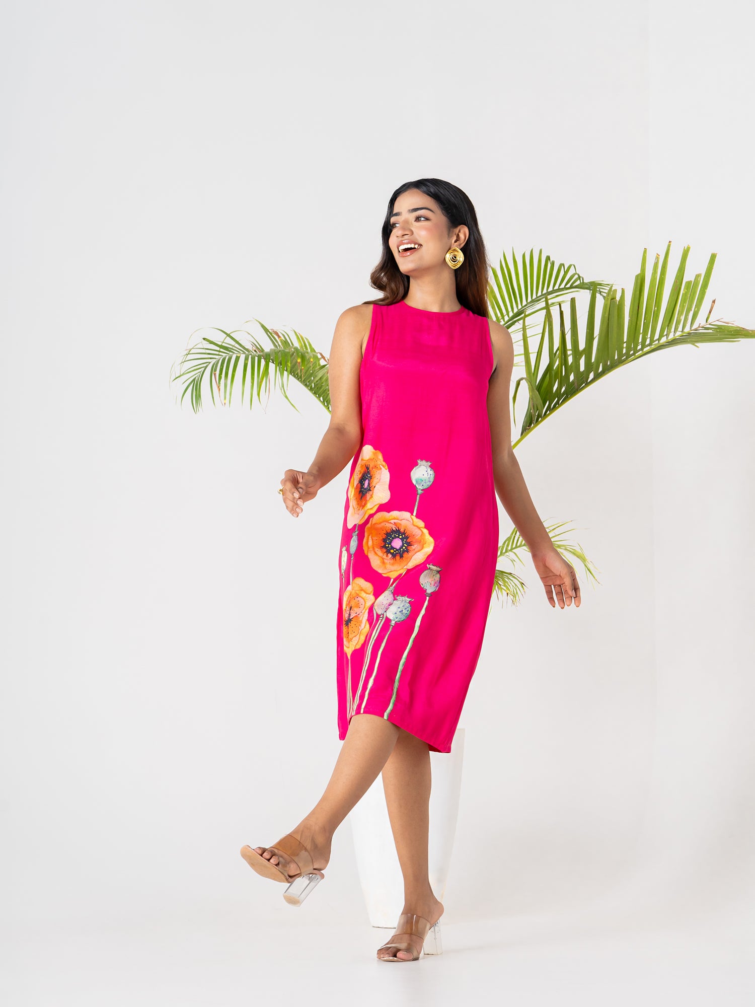 Hot Pink Poppies Field Midi Dress