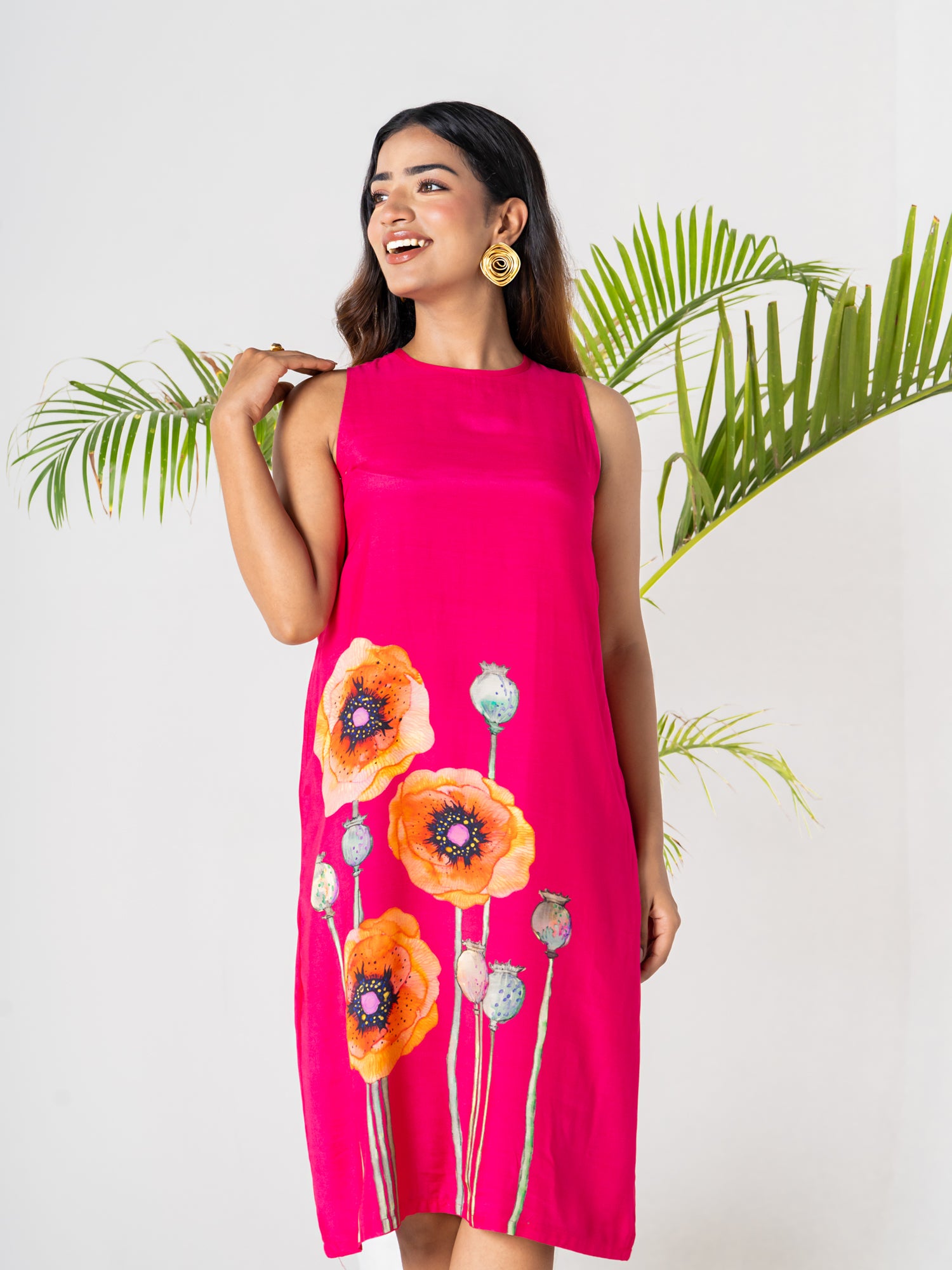 Hot Pink Poppies Field Midi Dress