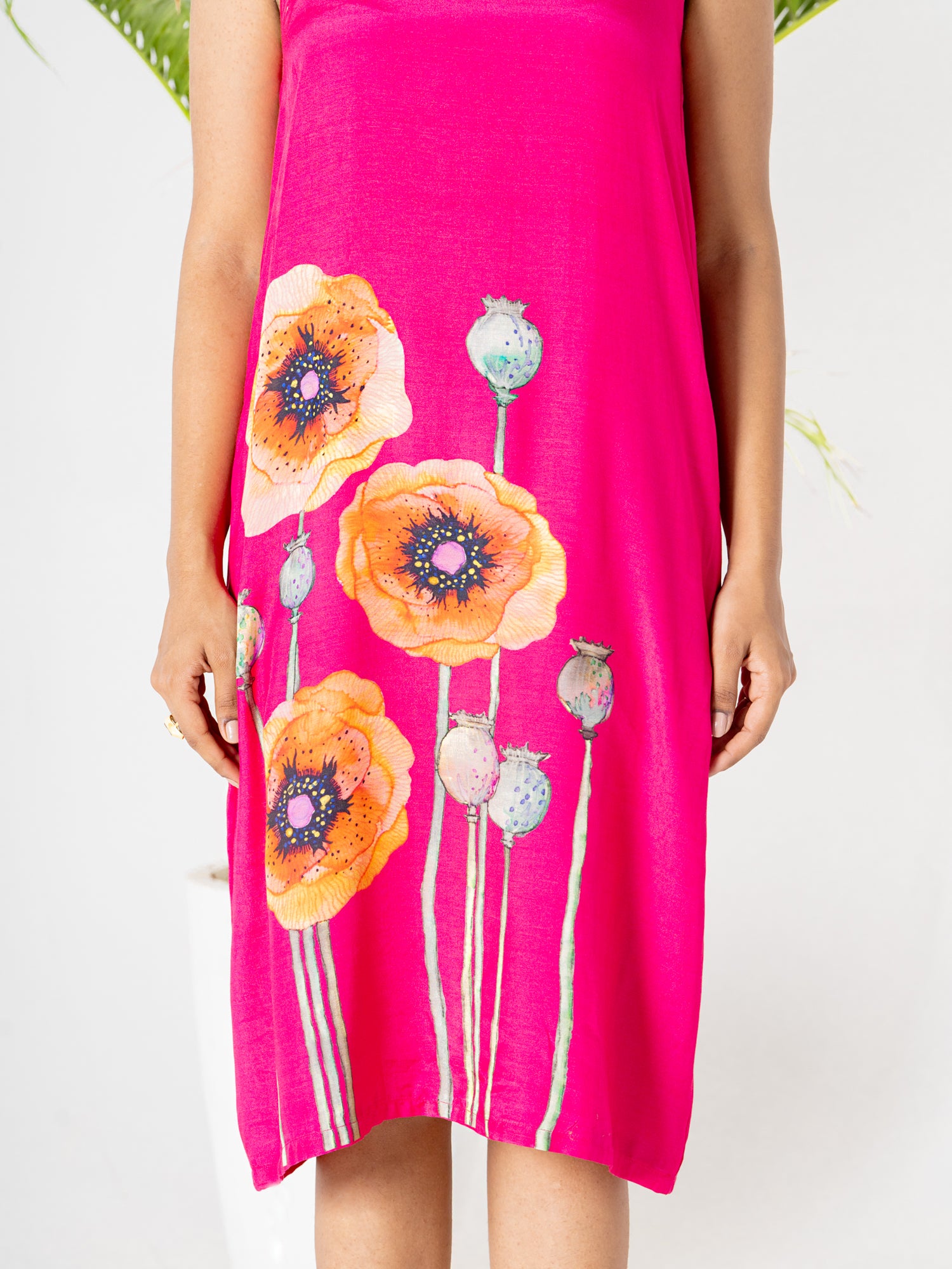 Hot Pink Poppies Field Midi Dress