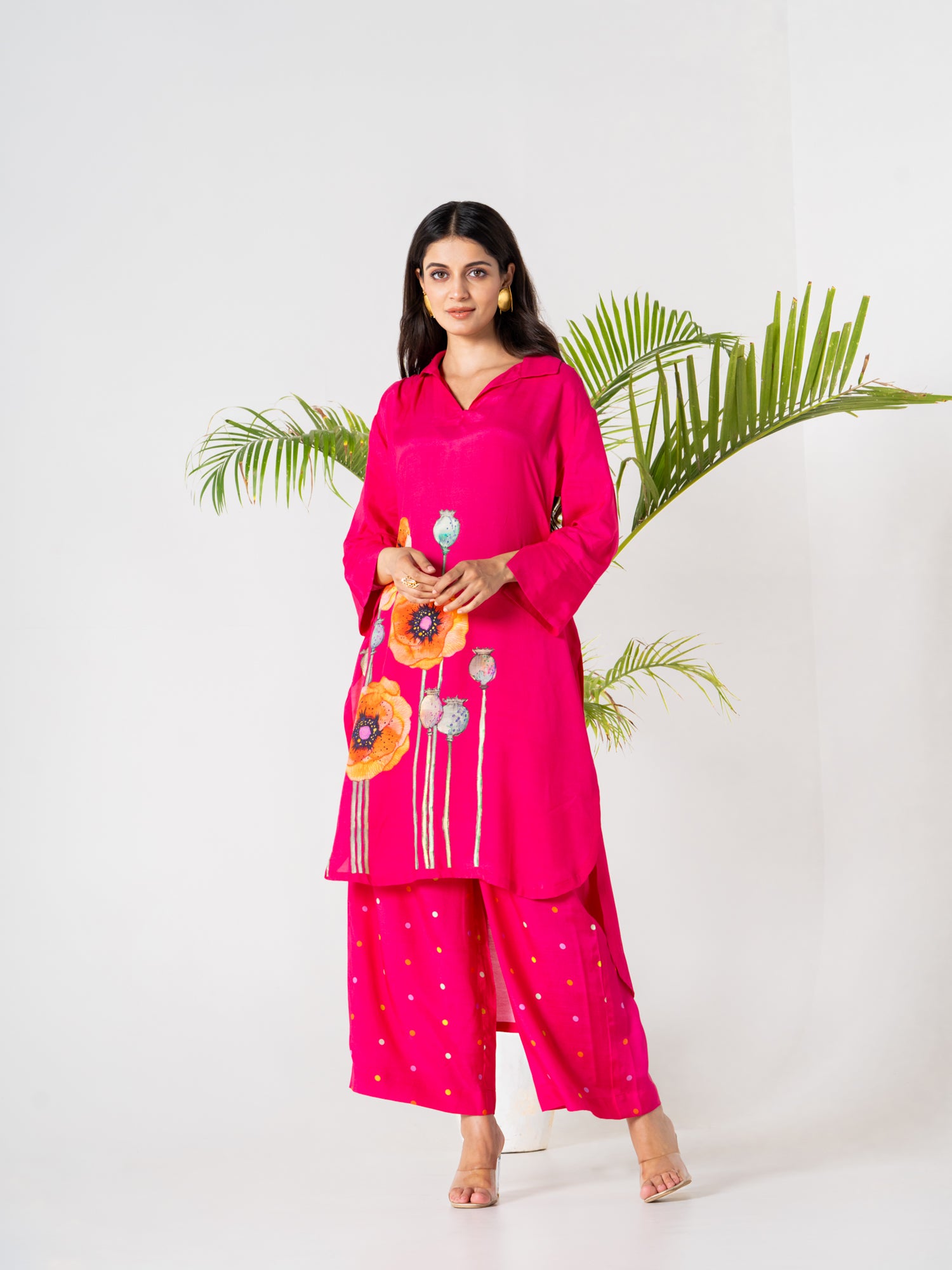 Hot Pink Poppies Field Kurti Pant Set