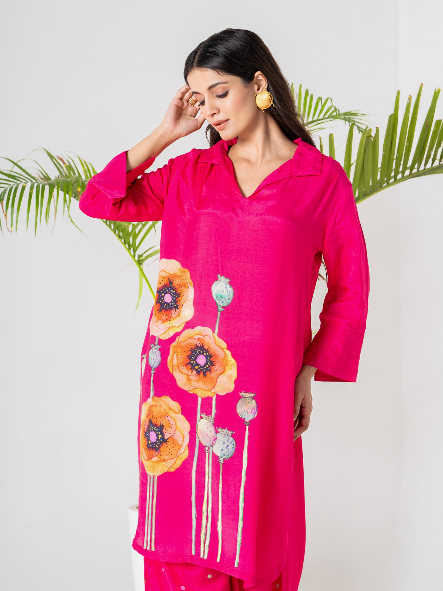 Hot Pink Poppies Field Kurti Pant Set