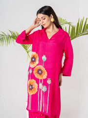 Hot Pink Poppies Field Kurti Pant Set