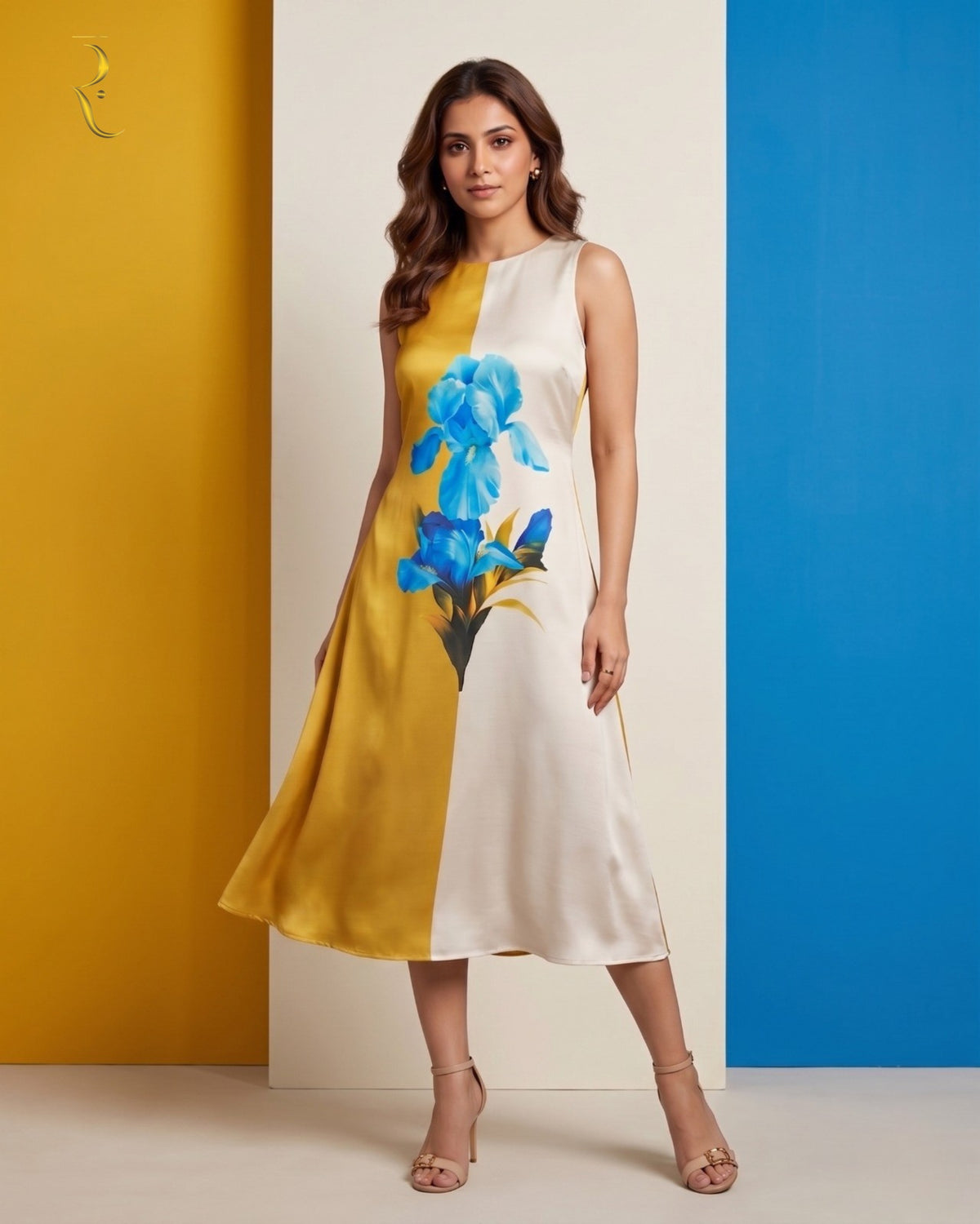 Golden Olive Cream Colour Block Midi Dress