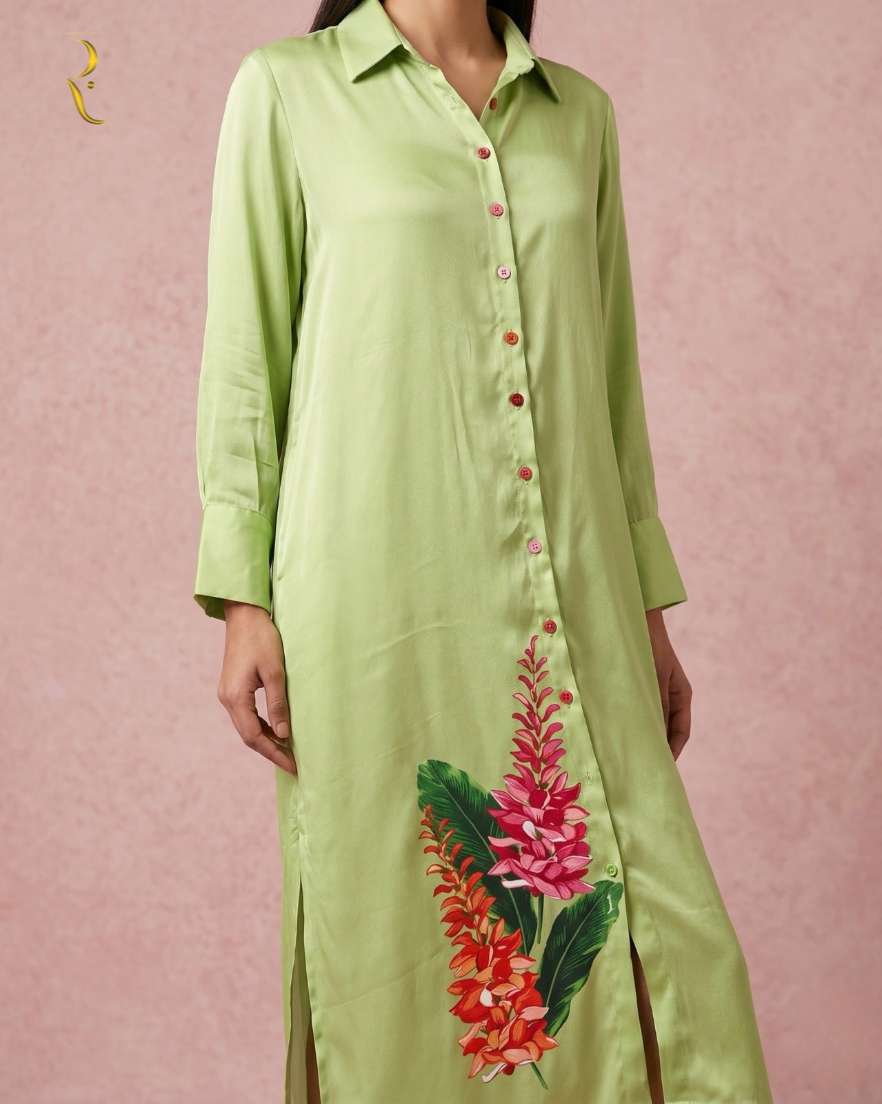 Leaf green long shirtdress