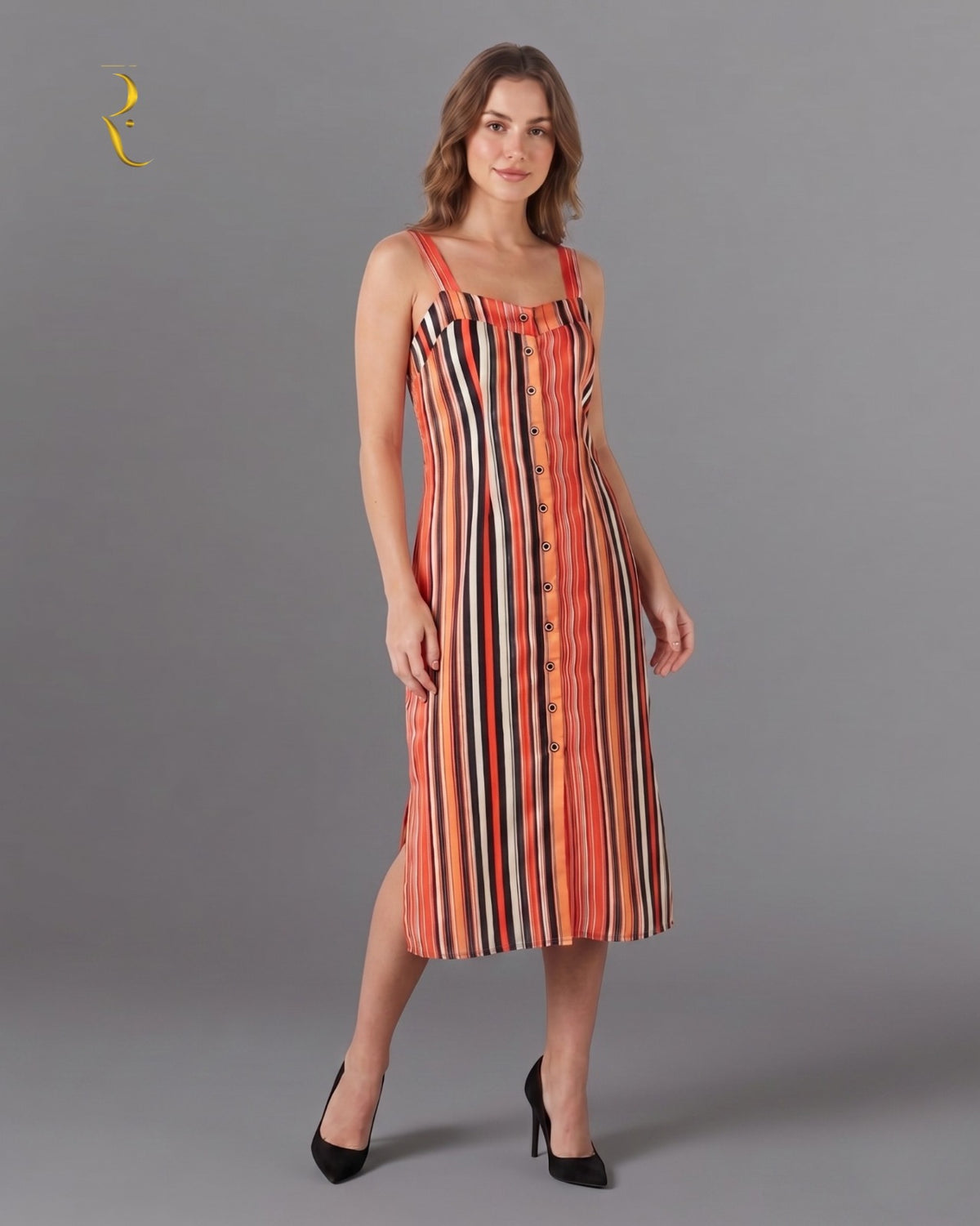 Orange Striped Midi Dress